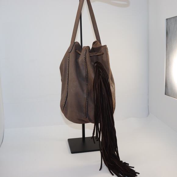 Barbara Bonner Leather Fringe Drawstring Bucket Bag – Boho Style, Repaired - Picture 2 of 5